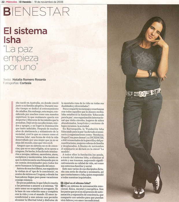 Periodico El Heraldo, Colombia El Sistema Isha “La paz empieza por uno”. Noviembre 2008