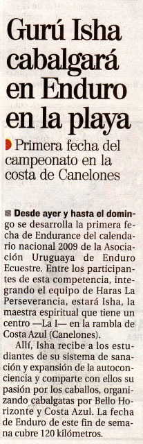 Diario El Pais, Uruguay Guru Isha cabalgara en Enduro en la playa. Enero 2009