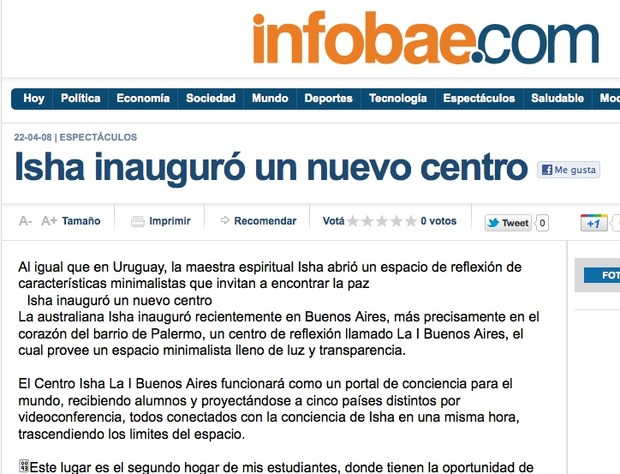 Isha inauguro un nuevo centro”. Infobae.com, Buenos Aires, Argentina, abril 2008