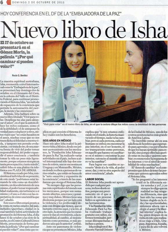 Diario Plaza de Armas, Querétaro, México Nuevo libro de Isha: Vivir para Volar Octubre, 2011