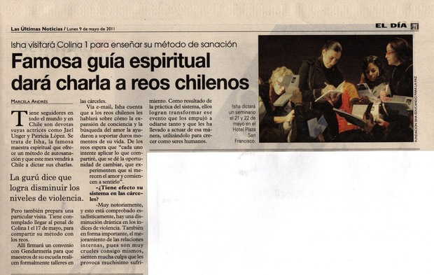 Diario Las Últimas Noticias, Chile Isha visitará Colina 1 para enseñar su método. Mayo 2011