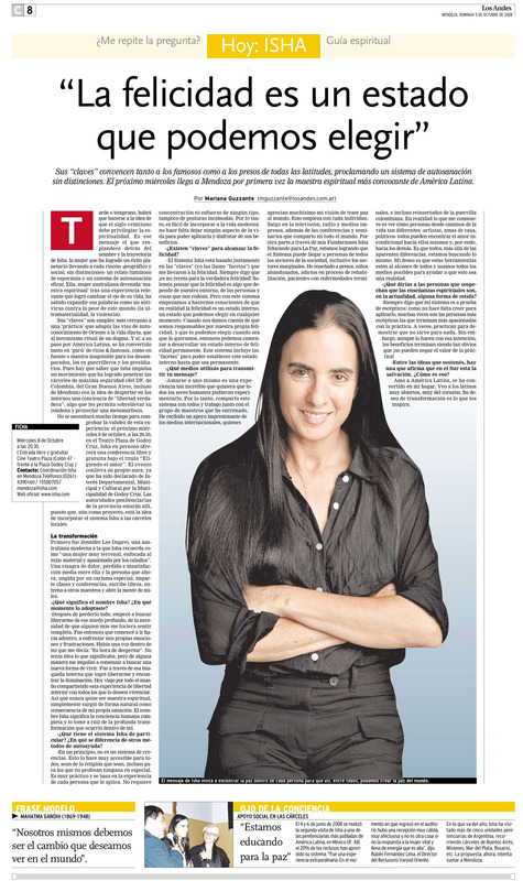 Periodico Los Andes, Mendoza – Argentina “La felicidad es un estado que podemos elegir” Octubre 2008