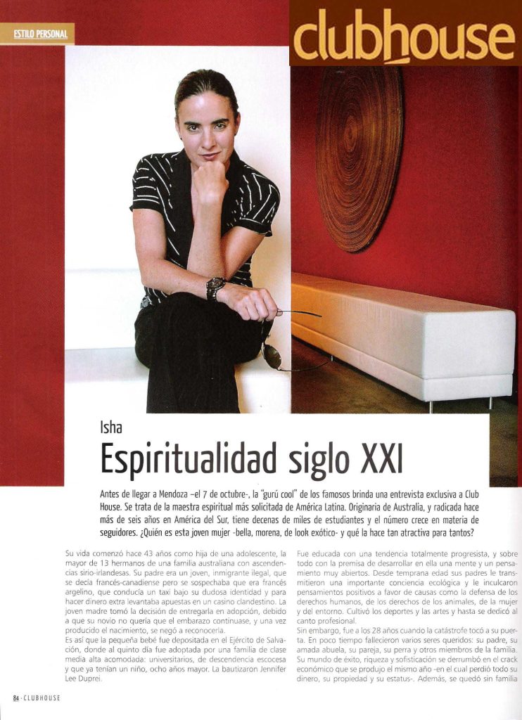 Revista Club House, Mendoza – Argentina – Isha Espiritualidad siglo XXI Octubre 2008