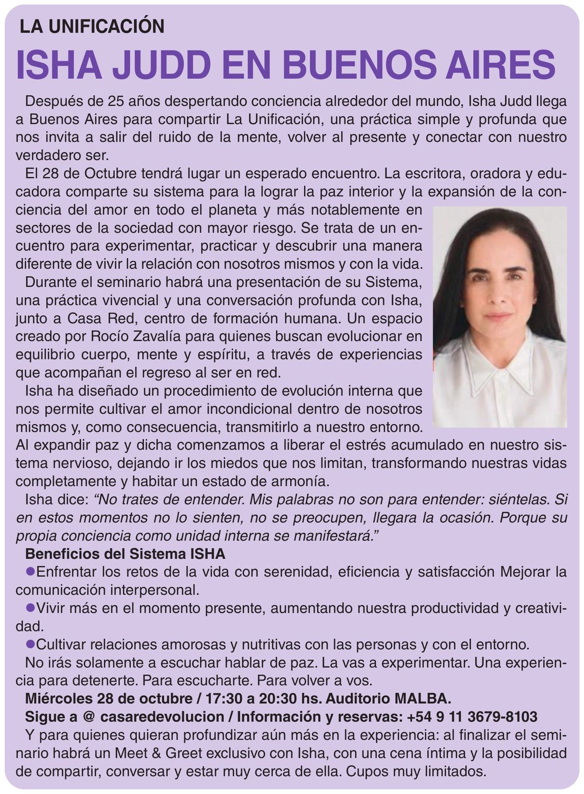 Matéria «Isha Judd en Buenos Aires» da revista Todo Salud, em um quadro lilás com um retrato de Isha e os dados do encontro de 28 de outubro no auditório do Malba.