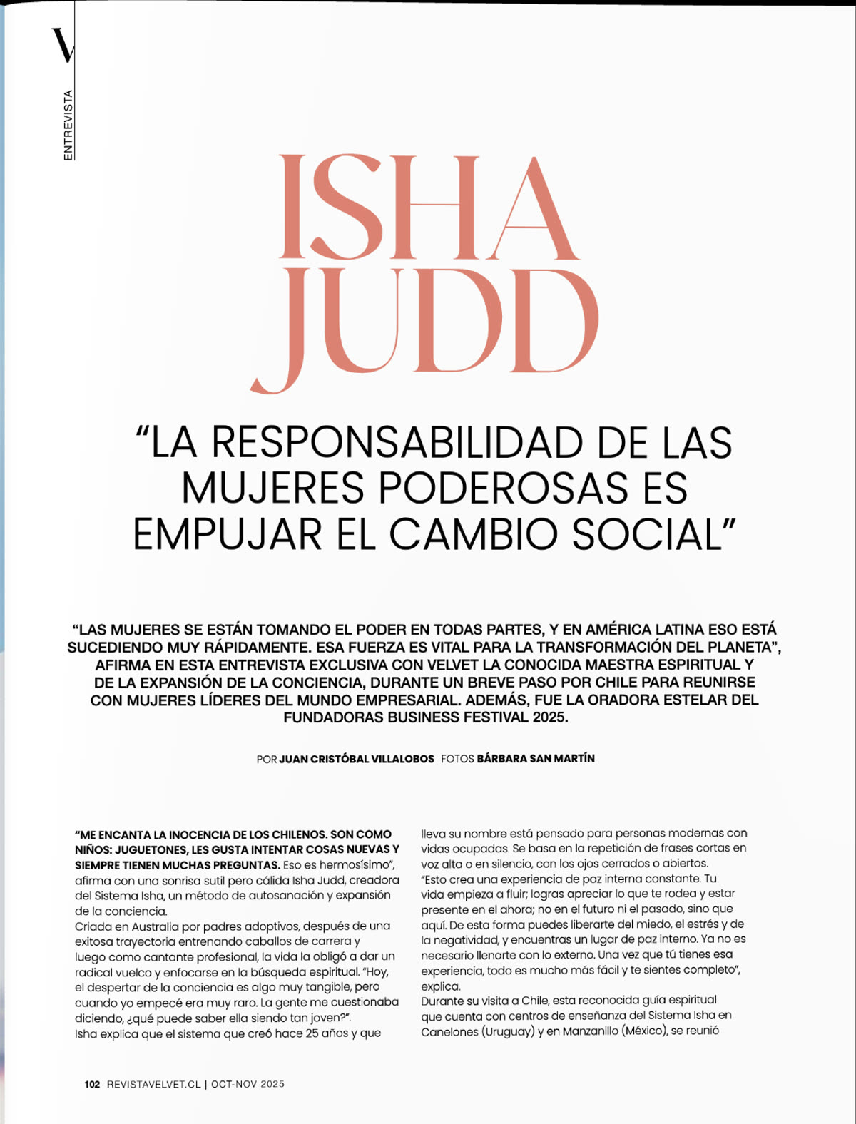 Opening page of the interview with Isha Judd in Velvet magazine, Chile.